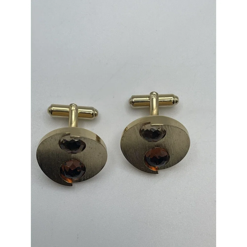 Vintage Gold Tone Textured Round Brown & Tan Crystal Encrusted Cuff Links New